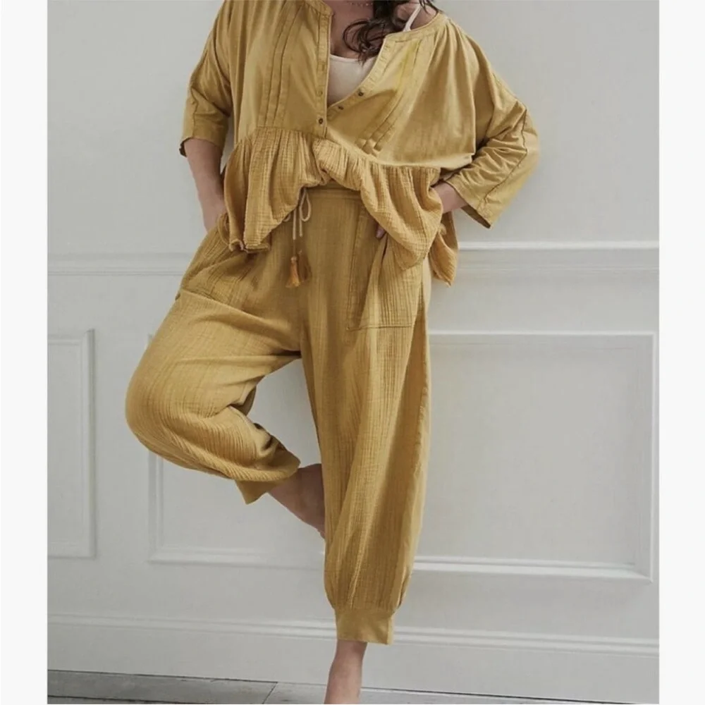 Anthropologie Beverly Mustard Yellow Cotton Gauze Pajama Swing Top New XS Lounge - Picture 7 of 10